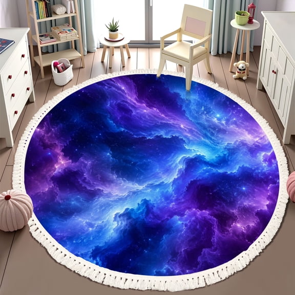 Washable Non Slip 6ft Round Rug, Cosmic Purple Blue Nebula Starry Sky Circle Area Rugs with Tassels Carpet for Nursery Bedroom Living Room Playroom Tent rug Tent Castle