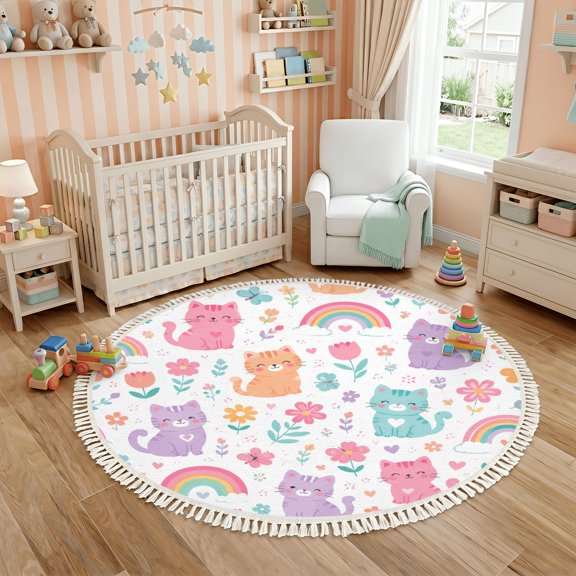 Washable Non Slip 6ft Round Rug, Cute Colorful Cat Flowers Rainbows Circle Area Rugs with Tassels Carpet for Nursery Bedroom Living Room Playroom Tent Rug