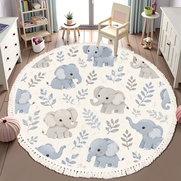 Washable Non Slip 6ft Round Rug, Cute Elephant Soft Blue Gray Tones Leaves Circle Area Rugs with Tassels Carpet for Nursery Bedroom Living Room Playroom Tent rug Tent Castle