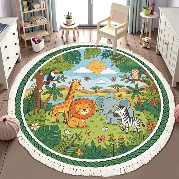 Washable Non Slip 6ft Round Rug, Cute Jungle Animals Tropical Forest Sunshine Plants Circle Area Rugs with Tassels Carpet for Nursery Bedroom Playroom Tent rug Tent Castle