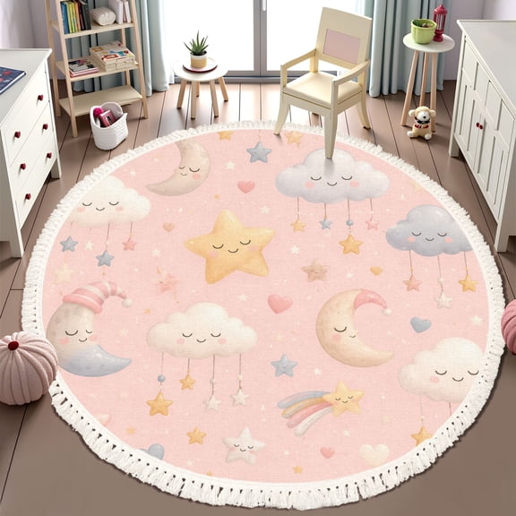 Washable Non Slip 6ft Round Rug, Cute sleeping moon Circle Area Rugs with Tassels Carpet for Nursery Bedroom Living Room Playroom Tent rug Tent Castle