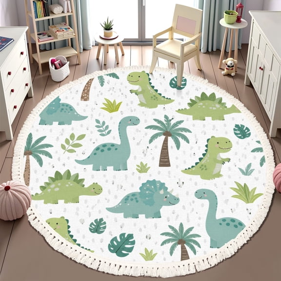 Washable Non Slip 6ft Round Rug, Dinosaur baby boy Sweet dino palm Scandinavian cute print Circle Area Rugs with Tassels Carpet for Nursery Bedroom Living Room Playroom Tent Rug