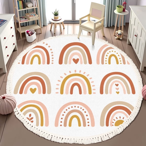 Washable Non Slip 6ft Round Rug, Drawn Rainbows Cute Set Pastel Earthy Colors Circle Area Rugs with Tassels Carpet for Nursery Bedroom Living Room Playroom Tent Rug Tent Castle