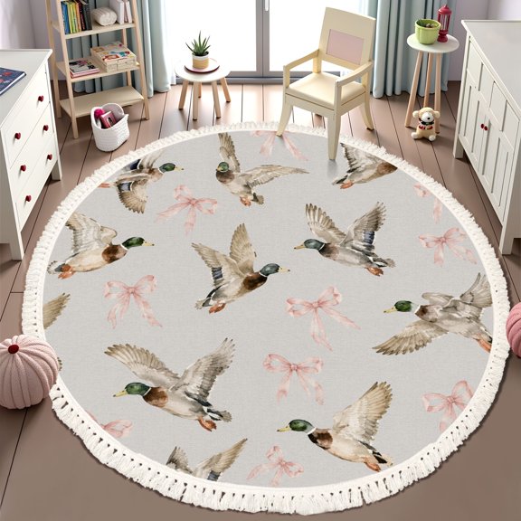 Washable Non Slip 6ft Round Rug, Ducks Pink Bows Watercolor Circle Area Rugs with Tassels Carpet for Nursery Bedroom Living Room Playroom Tent rug Tent Castle