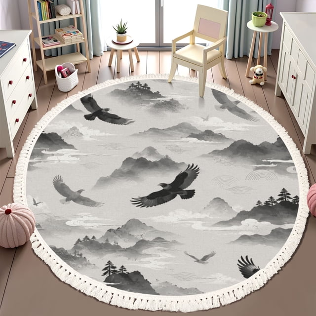 Round Shape Rug Washable Non Slip 6ft Round Rug, Eagle Shadow Misty Ridges Circle Area ...