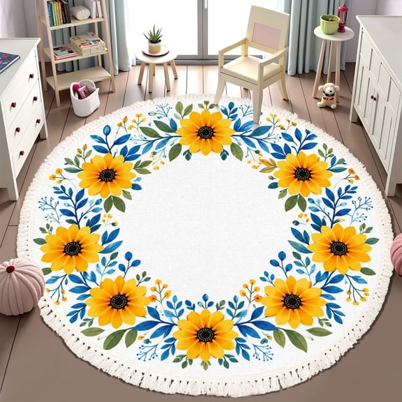 Washable Non Slip 6ft Round Rug, Floral Blue Reading Tapestries Book Lovers School Library Reading Nook Circle Area Rugs with Tassels Carpet for Nursery Bedroom Living Room Playroom Tent Rug