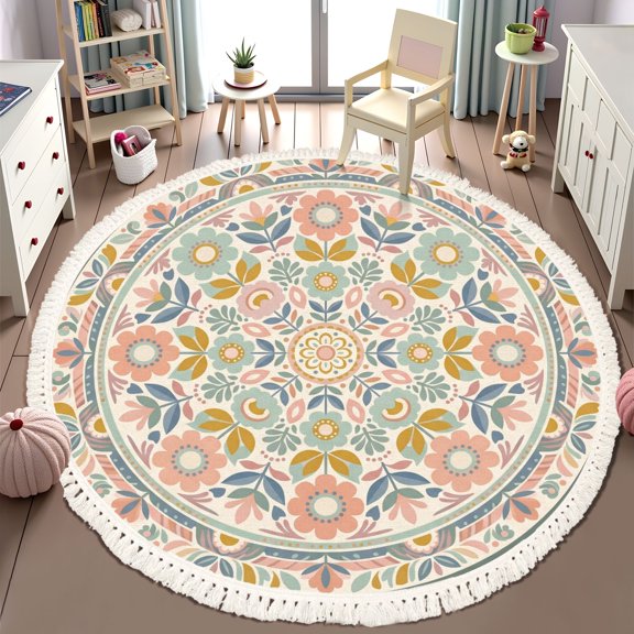 Washable Non Slip 6ft Round Rug, Floral Mandala Pastel Colors Circle Area Rugs with Tassels Carpet for Nursery Bedroom Living Room Playroom Tent Rug Tent Castle