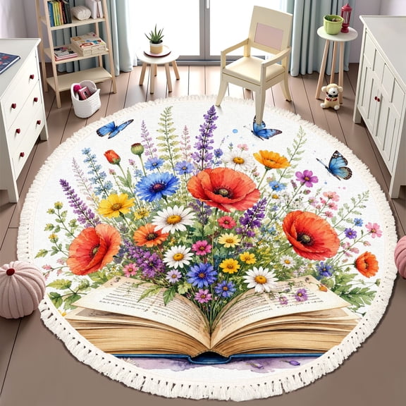 Washable Non Slip 6ft Round Rug, Floral Reading Room Nook Library Decor Open Book Blooming Flowers Circle Area Rugs with Tassels Carpet for Nursery Bedroom Living Room Playroom Tent Rug