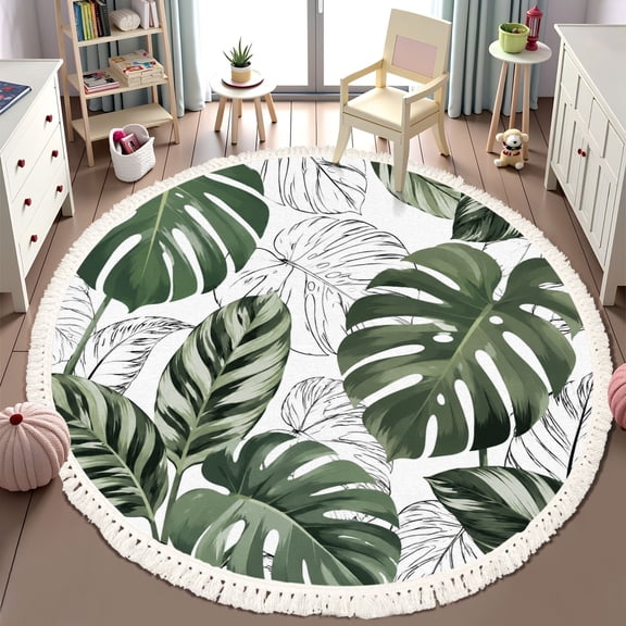 Washable Non Slip 6ft Round Rug, Floral green black white split leaf Philodendron plant vines Circle Area Rugs with Tassels Carpet for Nursery Bedroom Living Room Playroom Tent Rug