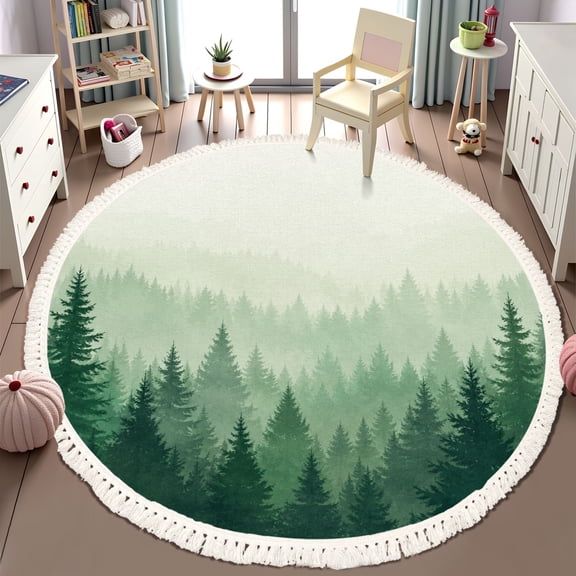 Washable Non Slip 6ft Round Rug, Forest nature landscape Evergreen coniferous trees Pine spruce Circle Area Rugs with Tassels Carpet for Nursery Bedroom Living Room Playroom Tent Rug