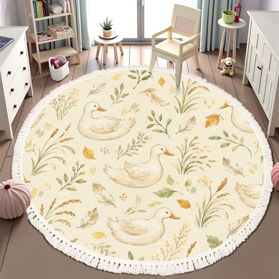 Washable Non Slip 6ft Round Rug, Gentle Ducks Walking Peaceful Meadow Soft Watercolor Circle Area Rugs with Tassels Carpet for Nursery Bedroom Living Room Playroom Tent rug Tent Castle