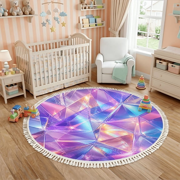 Washable Non Slip 6ft Round Rug, Iridescent Geometric Patterns Circle Area Rugs with Tassels Triangular Shapes Soft Pastel Colors Carpet for Nursery Bedroom Living Room Playroom Tent Rug