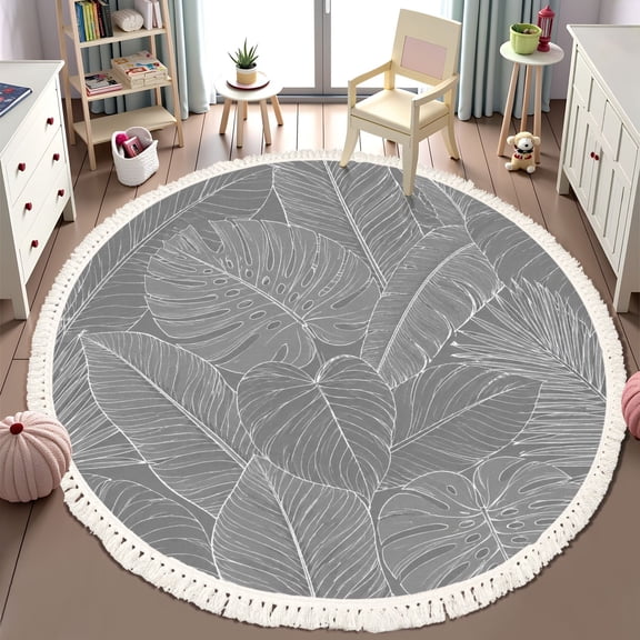 Washable Non Slip 6ft Round Rug, Line art Leafy emboss surface white 3d Embossed relief leaves Circle Area Rugs with Tassels Carpet for Nursery Bedroom Living Room Playroom Tent Rug