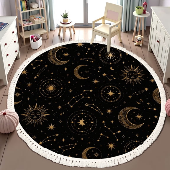 Washable Non Slip 6ft Round Rug, Magic sun constellations moons stars Gold Circle Area Rugs with Tassels Carpet for Nursery Bedroom Living Room Playroom Tent rug Tent Castle