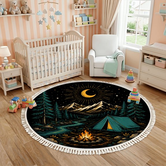 Washable Non Slip 6ft Round Rug, Night Camping Scene Circle Area Rugs with Tassels Carpet for Nursery Bedroom Living Room Playroom Tent Rug