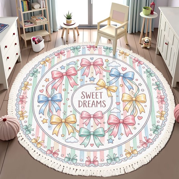Washable Non Slip 6ft Round Rug, Pastel Bow Star Striped Circle Area Rugs with Tassels Carpet for Nursery Bedroom Living Room Playroom Tent Rug Tent Castle