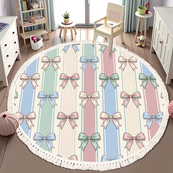 Washable Non Slip 6ft Round Rug, Pastel Bow Striped Soft Colors Circle Area Rugs with Tassels Carpet for Nursery Bedroom Living Room Playroom Tent Rug Tent Castle