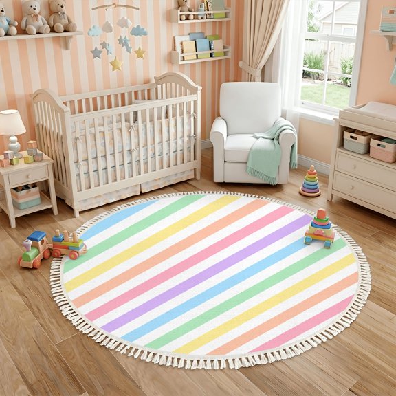 Washable Non Slip 6ft Round Rug, Pastel Diagonal Striped Rainbow Colors Circle Area Rugs with Tassels Carpet for Nursery Bedroom Living Room Playroom Tent Rug