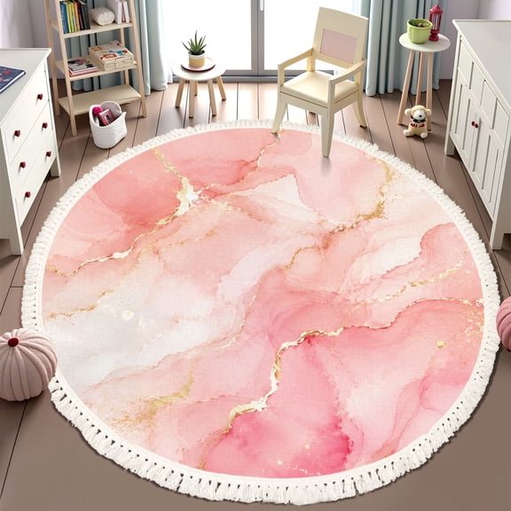 Washable Non Slip 6ft Round Rug, Pink soft pastel gold line sparkle marble Circle Area Rugs with Tassels Carpet for Nursery Bedroom Living Room Playroom Tent Rug Tent Castle