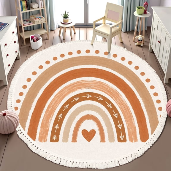 Washable Non Slip 6ft Round Rug, Scandinavian Nursery Boho Rainbow Print Circle Area Rugs with Tassels Carpet for Nursery Bedroom Living Room Playroom Tent rug Tent Castle