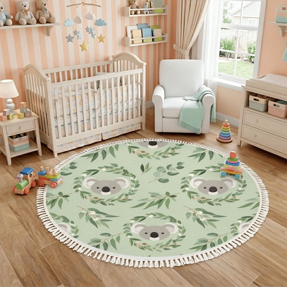 Washable Non Slip 6ft Round Rug, Seamless Koala Faces Eucalyptus Leaves Green Circle Area Rugs with Tassels Carpet for Nursery Bedroom Living Room Playroom Tent Rug