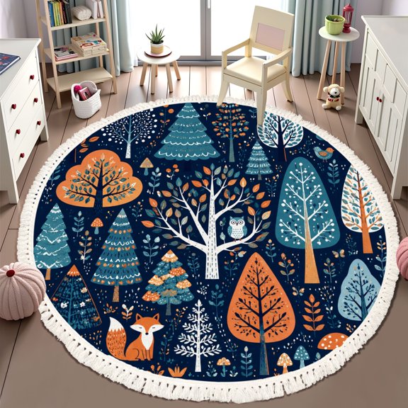 Washable Non Slip 6ft Round Rug, Set cartoon doodle trees Beautiful hand drawn childish Circle Area Rugs with Tassels Carpet for Nursery Bedroom Living Room Playroom Tent Rug Tent Castle