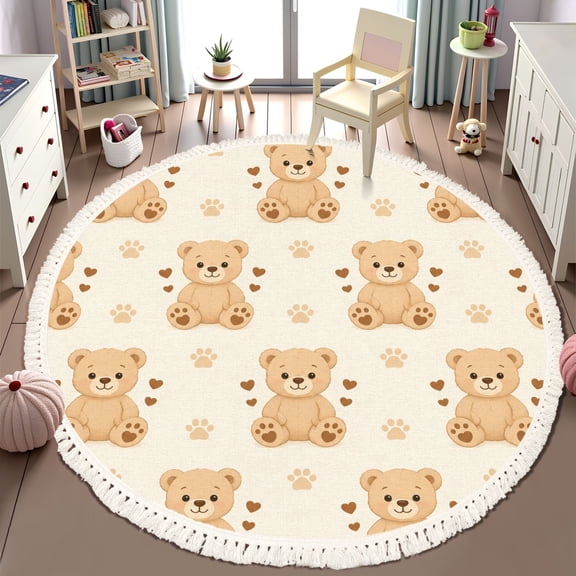 Washable Non Slip 6ft Round Rug, Teddy Bear cartoon style pastel color adorable cute funny Circle Area Rugs with Tassels Carpet for Nursery Bedroom Living Room Playroom Tent Rug Tent Castle