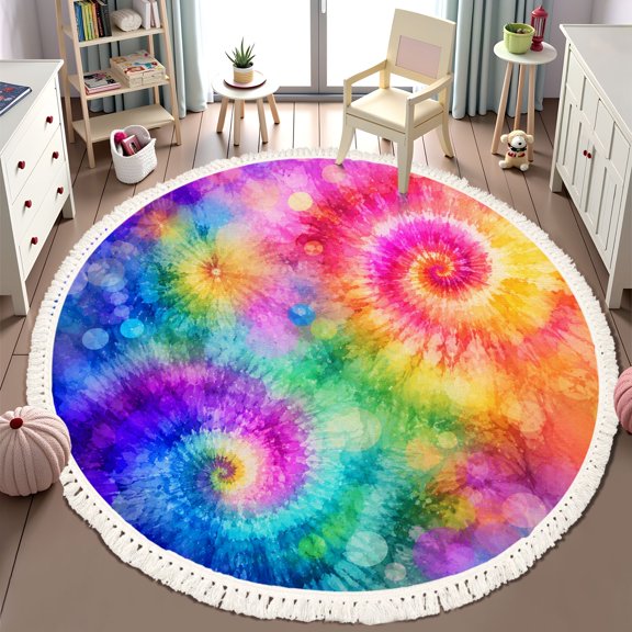 Washable Non Slip 6ft Round Rug, Vibrant Rainbow Tie Dye Abstract Swirl Bokeh Effect Circle Area Rugs with Tassels Carpet for Nursery Bedroom Living Room Playroom Tent Rug Tent Castle