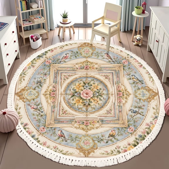 Washable Non Slip 6ft Round Rug, Vintage Floral Bird Pastel Botanical Motifs Ornamental Frame Circle Area Rugs with Tassels Carpet for Nursery Bedroom Living Room Playroom Tent Rug Tent Castle