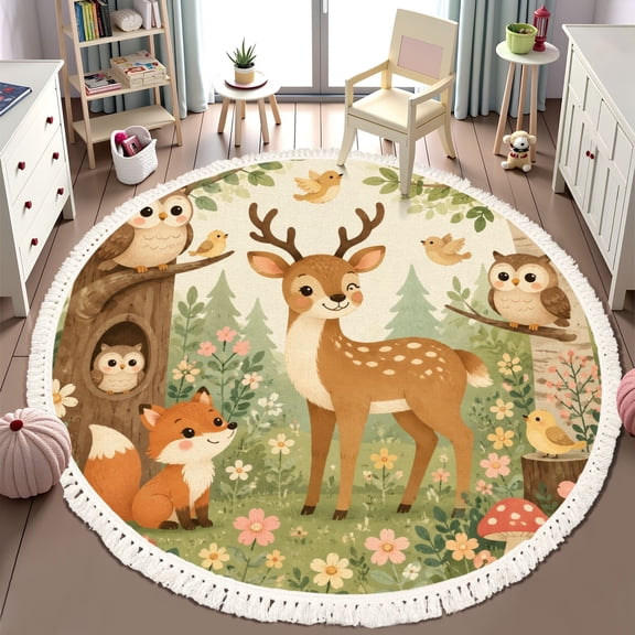 Washable Non Slip 6ft Round Rug, Whimsical Forest Deer Foxes Owls Mushrooms Soft Pastel Circle Area Rugs with Tassels Carpet for Nursery Bedroom Living Room Playroom Tent rug Tent Castle