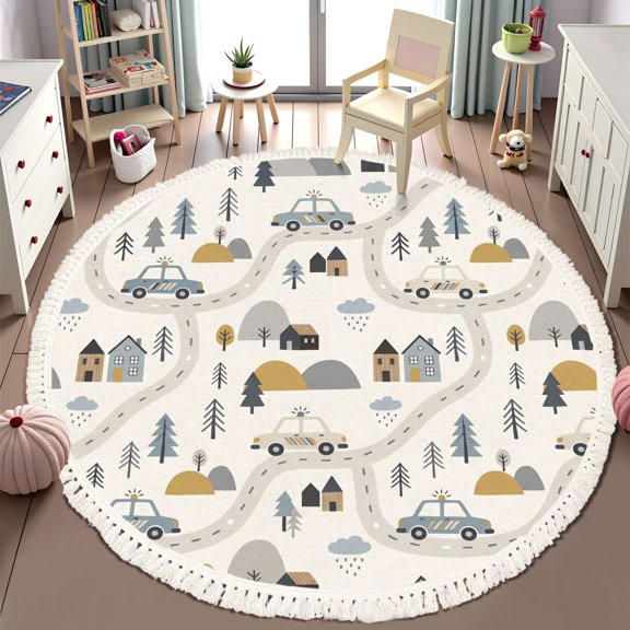 Washable Non Slip 6ft Round Rug, Whimsical Road Map Cars Houses Trees Circle Area Rugs with Tassels Crawling Play Mat Nursery Carpet for Children Toddlers Bedroom
