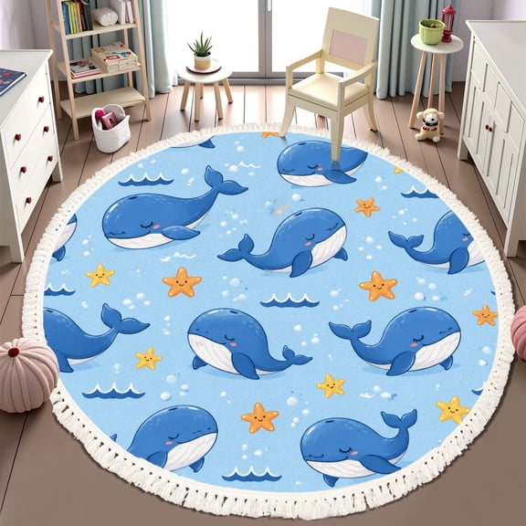Washable Non Slip 6ft Round Rug, cute whales swim sea Whale starfish waves Circle Area Rugs with Tassels Carpet for Nursery Bedroom Living Room Playroom Tent rug Tent Castle