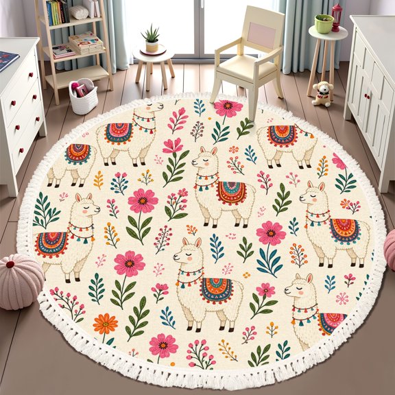 Washable Non Slip 6ft Round Rug for Kids Room Nursery Cute Llama, Cute Llamas Colorful Flowers Beige Carpet for Bedroom Playroom Tent Rug