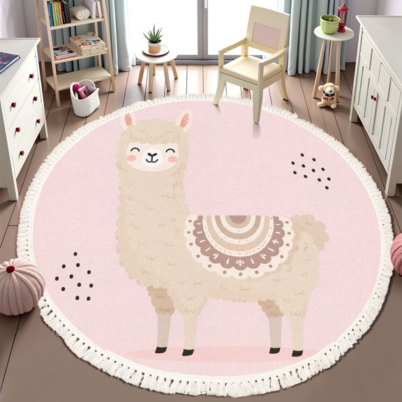 Washable Non Slip 6ft Round Rug for Kids Room Nursery Cute Llama, Cute Smiling Llama Pastel Pink Carpet for Bedroom Playroom Tent Rug