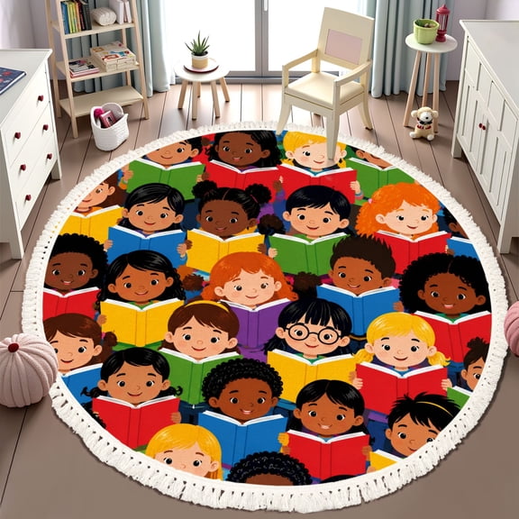 Washable Non Slip 6ft Round Rug, kids reading colorful books back to school diverse school Circle Area Rugs with Tassels Carpet for Nursery Bedroom Living Room Playroom Tent Rug