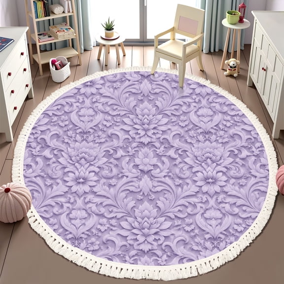 Washable Non Slip 6ft Round Rug, purple floral Circle Area Rugs with Tassels Carpet for Nursery Bedroom Living Room Playroom Tent Rug Tent Castle