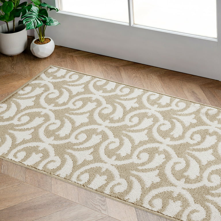 Washable Non-Slip Accent Rug, Floral Scroll, Beige and White, 26 x 45 