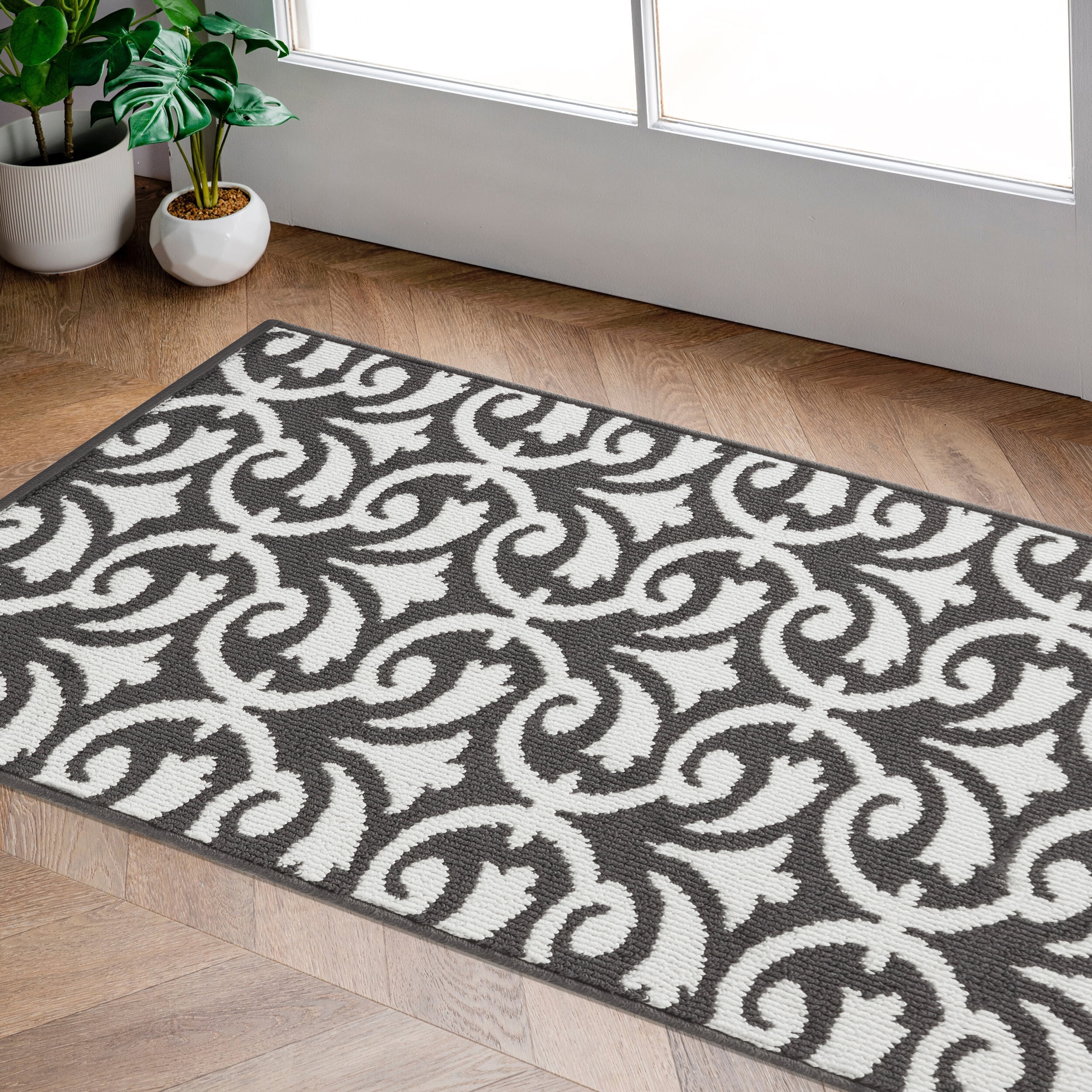 Washable NonSlip Accent Rug, Floral Scroll, Dark Grey and White, 26" x