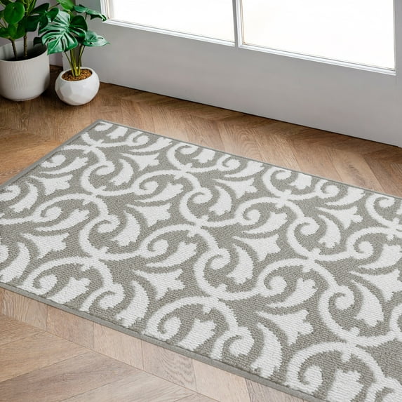Washable Non-Slip Accent Rug, Floral Scroll, Light Grey and White, 26" x 45"