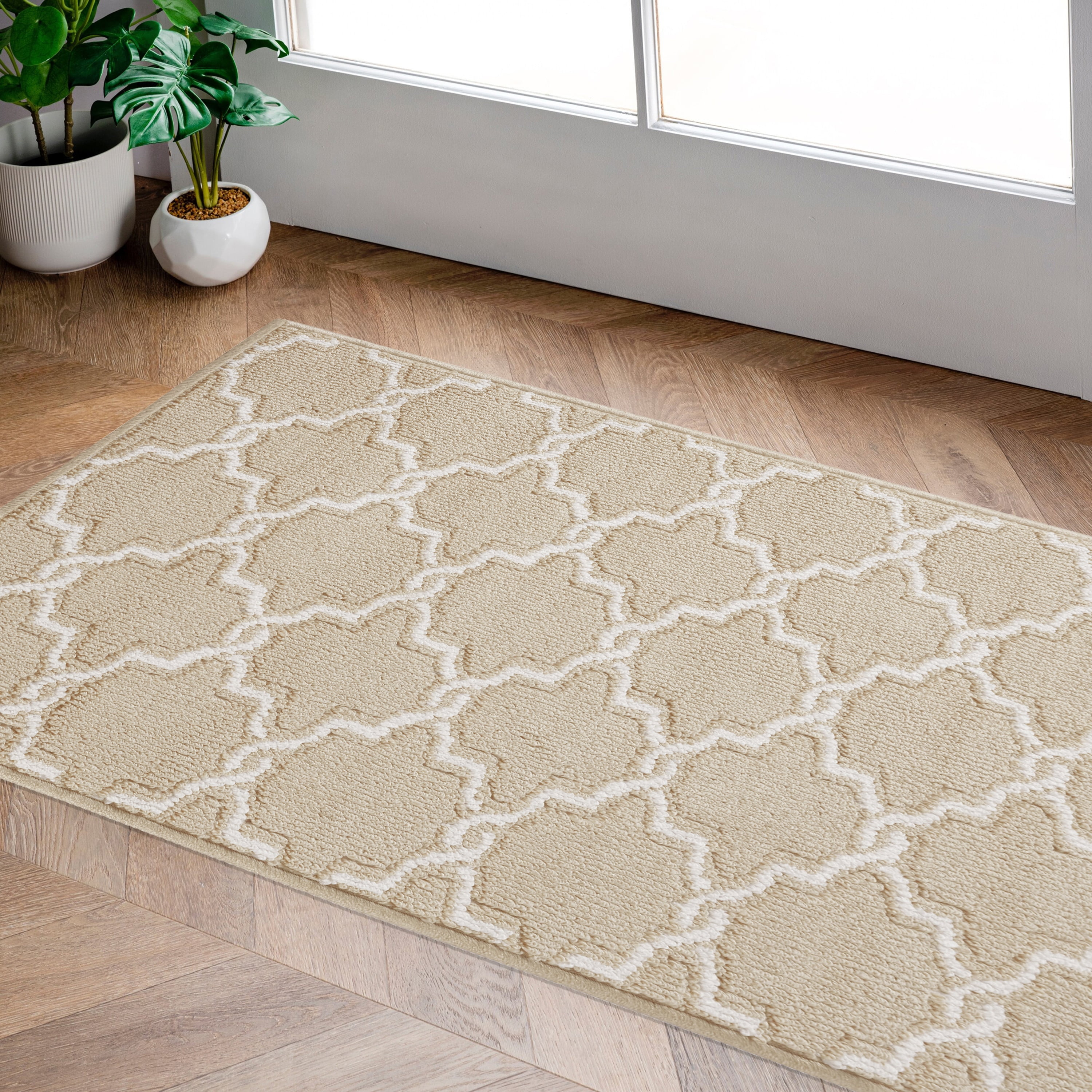 Lahome White Washable Rugs for Entryway, Beige Indoor Outdoor Carpets with  Rubber Backing, Botanical Low Profile Bedroom Rugs Floral Non Skid
