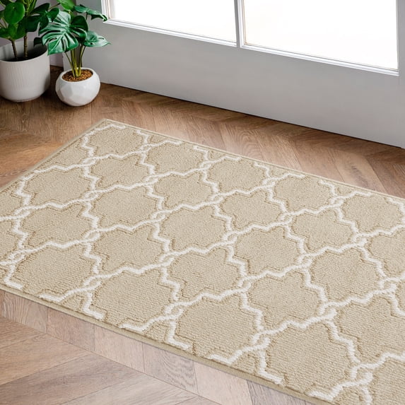 Washable Non-Slip Accent Rug, Geometric, Beige and White, 26" x 45"