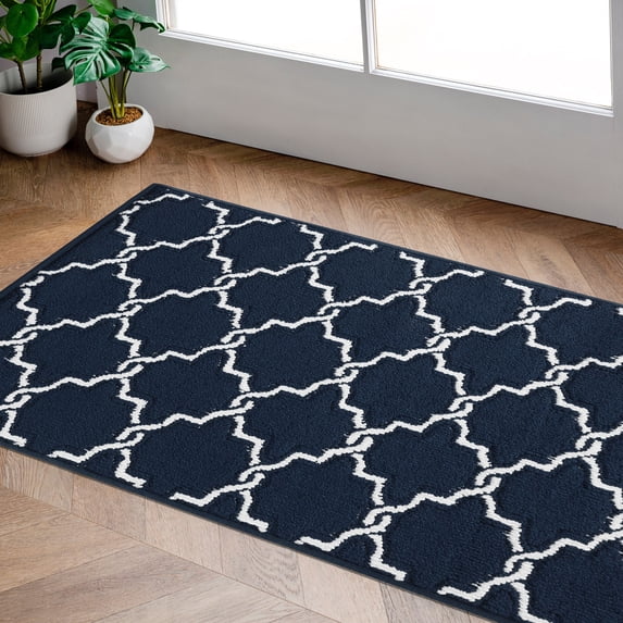 Washable Non-Slip Accent Rug, Geometric, Navy and White, 26" x 45"