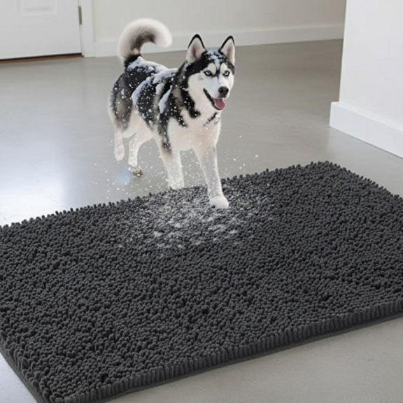Washable Non-Slip Indoor Outdoor Doormat for Pets, Absorbent Chenille Entryway Rug for Muddy Paws, Front Door Mat in Dark Gray, 36x24 Inches