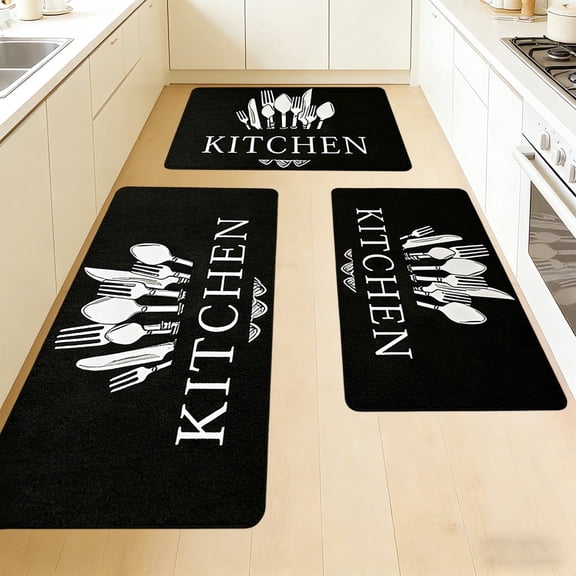 Washable Non-Slip Kitchen Rug Set 3-Piece, Dark Oil Resistant Runner Mats with Knife & Fork Print
