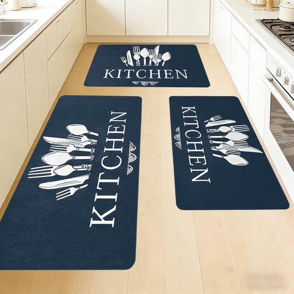 Washable Non-Slip Kitchen Rug Set 3-Piece, Dark Oil Resistant Runner Mats with Knife & Fork Print