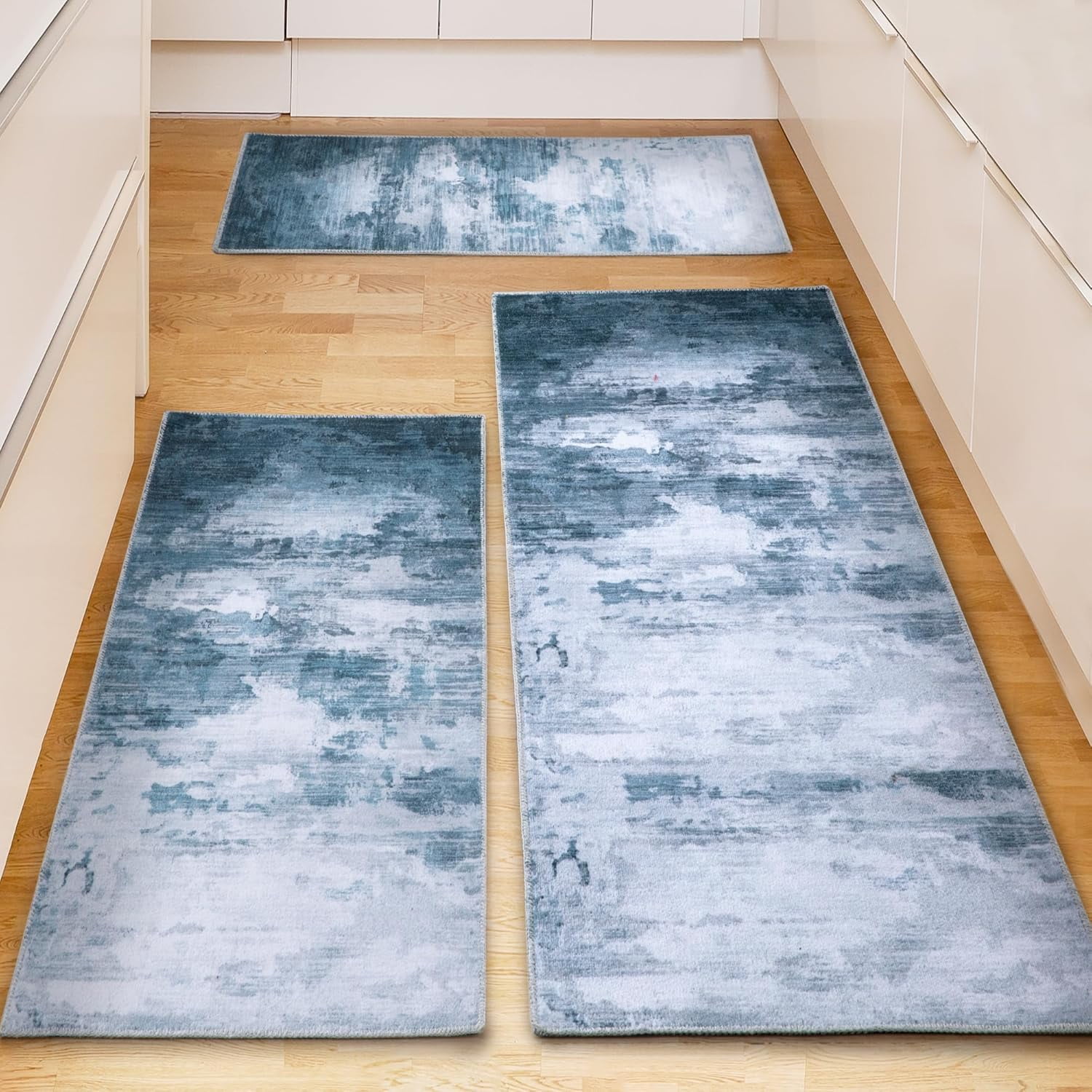 Washable Non Slip Kitchen Rugs Set of 3,Modern Abstract 3 Piece Kitchen Mats for Floor,Absorbent Carpet for Kitchen,Soft Low Pile Kitchen Runner Rug for Sink,Laundry,Washroom,Dark Blue