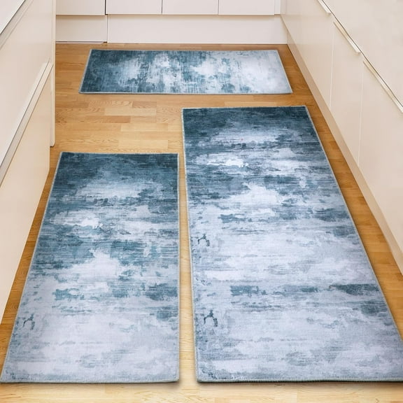 Washable Non Slip Kitchen Rugs Set of 3,Modern Abstract 3 Piece Kitchen Mats for Floor,Absorbent Carpet for Kitchen,Soft Low Pile Kitchen Runner Rug for Sink,Laundry,Washroom,Dark Blue
