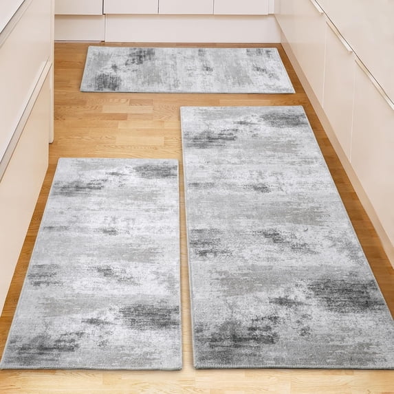 Washable Non Slip Kitchen Rugs Set of 3,Modern Abstract 3 Piece Kitchen Mats for Floor,Absorbent Carpet for Kitchen,Soft Low Pile Kitchen Runner Rug for Sink,Laundry,Washroom,Grey