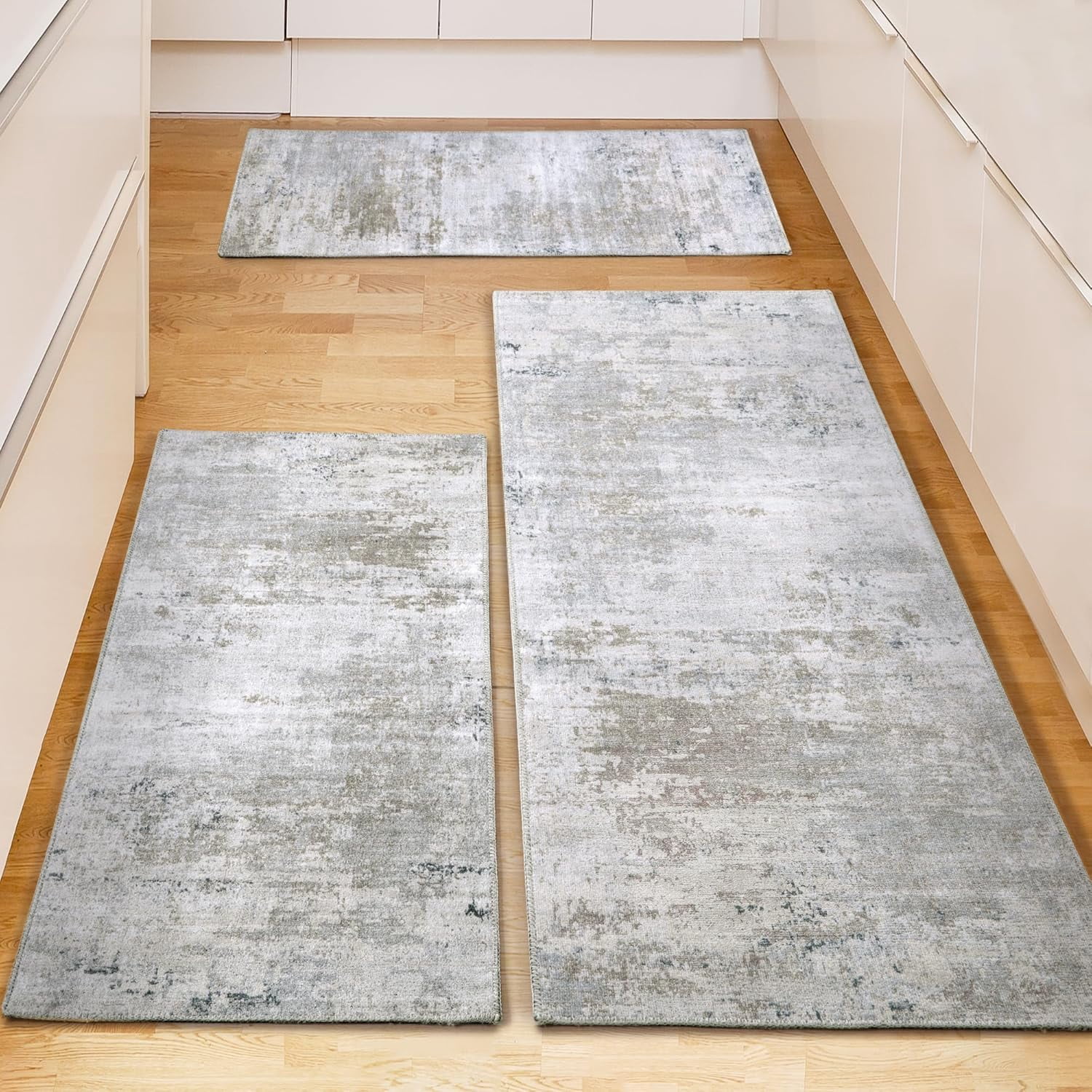 Washable Non Slip Kitchen Rugs Set of 3,Modern Abstract 3 Piece Kitchen Mats for Floor,Absorbent Carpet for Kitchen,Soft Low Pile Kitchen Runner Rug for Sink,Laundry,Washroom,Brown