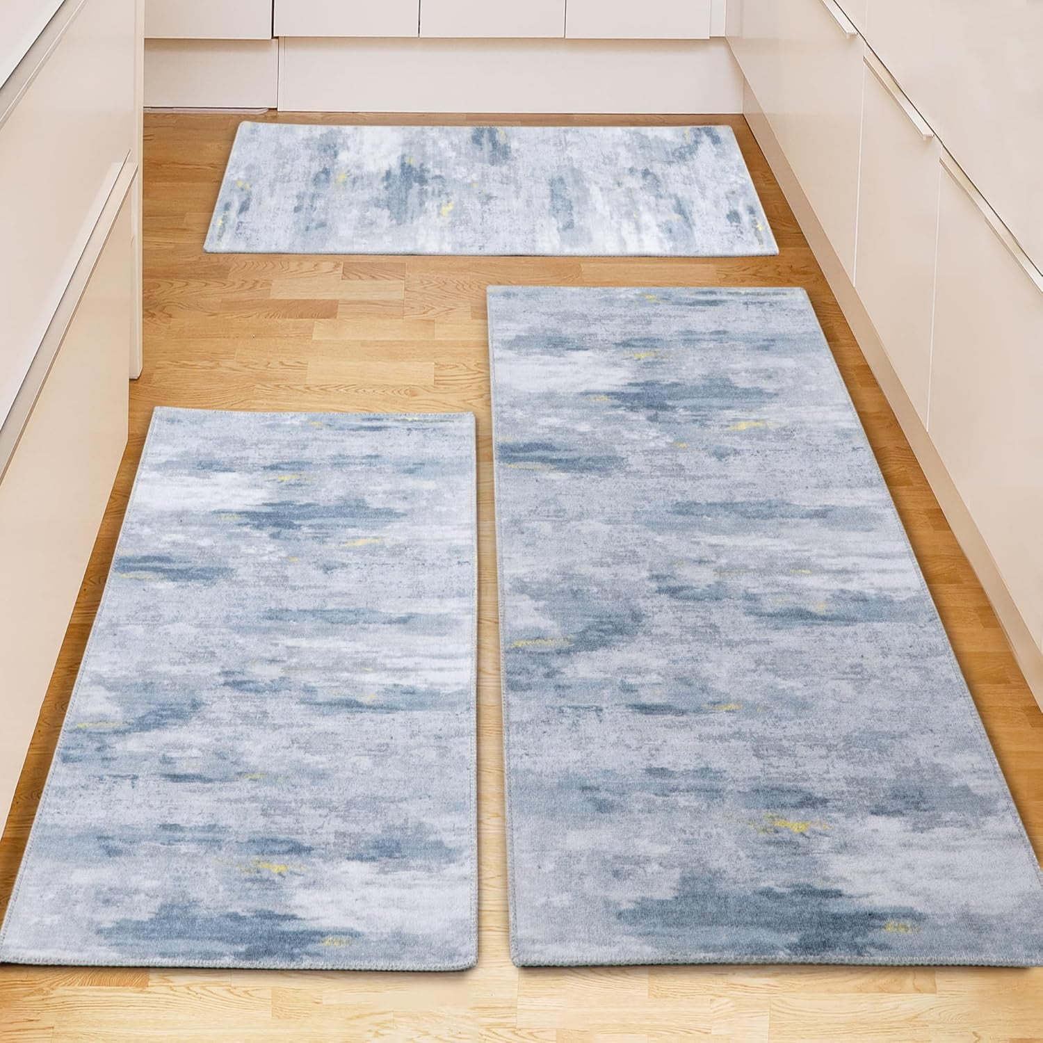 Washable Non Slip Kitchen Rugs Set of 3,Modern Abstract 3 Piece Kitchen Mats for Floor,Absorbent Carpet for Kitchen,Soft Low Pile Kitchen Runner Rug for Sink,Laundry,Washroom,Blue